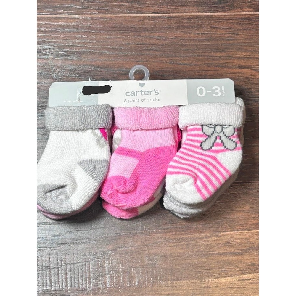 Carter's Baby Girl Socks 6 Pair Pack 0-3 Months‎ White Pink Gray Bow Stripes